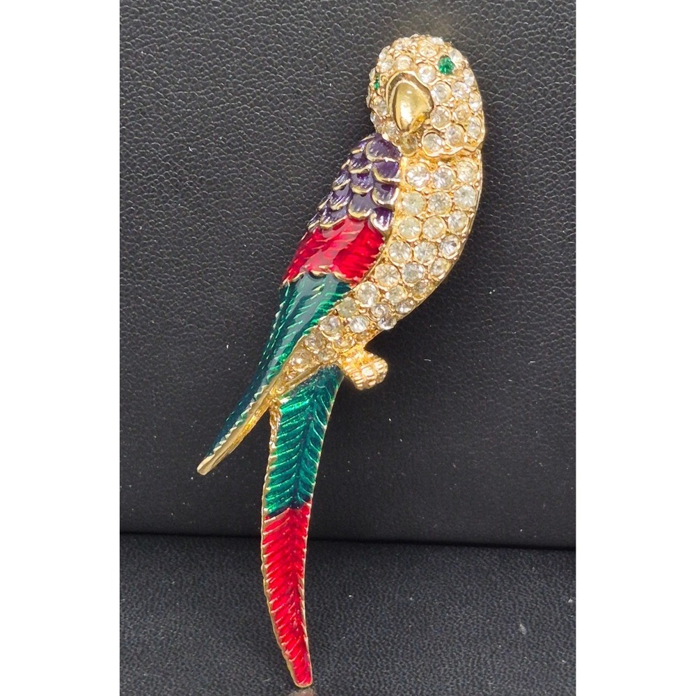 Vintage Parrot Bird Brooch Pin Gold Tone Rhinestone Enamel Multi Color